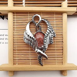 Watermelon Stone Glass Synthetic Watermelon Stone Glass Pendants, with Antique Silver Zinc Alloy Finding, Wing Charms, 52x35x9mm