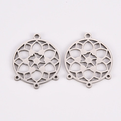 Stainless Steel Color Tarnish Resistant 304 Stainless Steel Chandelier Component Links, Laser Cut, Flat Round with Flower, Stainless Steel Color, 24.5x20x1mm, Hole: 1.8mm and 1mm