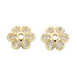Настоящее золото 18K Колпачки для бусин из прозрачного кубического циркония из латуни, цветок, реальный 18 k позолоченный, 10x9x3 мм, отверстие : 1.6~1.8 мм