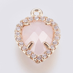 Розовый Латунь стекло кулоны, с кубического циркония, граненые, слеза, золотой свет, туманная роза, 15x11x4.5 мм, отверстие : 1.2 мм