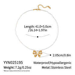 Bowknot Тема океана натуральный кварцевый кристалл круглый бисер 304 ожерелья из нержавеющей стали подвески для женщин, реальный 18 k позолоченный, бантом, 16.14 дюйм (41 см)