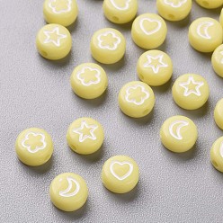 Шампанско-Желтый Непрозрачные акриловые бусины, плоский круглый с белым сердцем, цветком, луной и звездой, шампанское желтый, 7x4 мм, отверстие : 1.6 мм