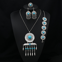 Темно-бирюзовый Плоский круглый сплав с подвеской из смолы, подвесные серьги-гвоздики, браслет и кольцо, античное серебро, темные бирюзовый, 47x25 мм & 540 мм & 210~230 мм & 25 мм