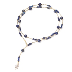 Золотой Ожерелья-лариаты из натурального лазурита круглой огранки и самородков, с латунными подвесками в виде листьев из прозрачных кубических цирконий, золотые, 32.32 дюйм (82.1 см)