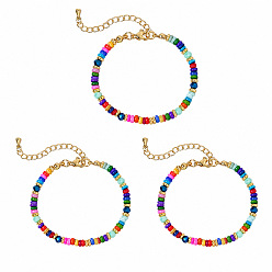 Colorful Dyed Natural Shell and Brass Rondelle Beaded Bracelet Sets for Women, Stackable Bracelets with Glass, Golden, Colorful, 6.50 inch(16.5cm)~6.69 inch(17cm), 3pcs/set