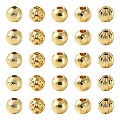 Real 18K Gold Plated 50Pcs 5 Styles Brass Spacer Beads, Cadmium Free & Nickel Free & Lead Free, Round, Real 18K Gold Plated, 4mm, Hole: 1~1.4mm, 10pcs/style
