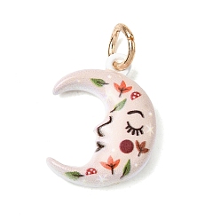 Луна Печать 304 подвески из нержавеющей стали, золотые, красочный, луна с цветочным шармом, 19x14.5x4.5 мм, Перейти кольцо: 6x1 мм, внутренний диаметр: 4 мм