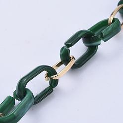 Dark Green Handmade Paperclip Chains, Drawn Elongated Cable Chains, with Aluminium Linking Rinds and Acrylic Linking Rinds, Imitation Gemstone Style, Light Gold, Dark Green, Link: 16x8x2mm, 18.5x11.5x4.5mm, 39.37 inch(1m)/strand