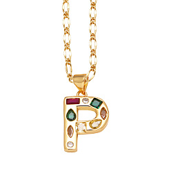 Letter P Подвеска-колье с инициалом из латуни, украшенная разноцветными кубическими циркониями., золотые, Письмо P, 17.32 дюйм (44 см), Кулон : 20x14 мм