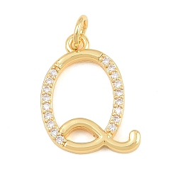 Letter Q Brass Micro Pave Clear Cubic Zirconia Pendants, Letter Charms, Cadmium Free & Lead Free, Real 18K Gold Plated, Letter Q, 17.5x14x2mm, Hole: 5mm