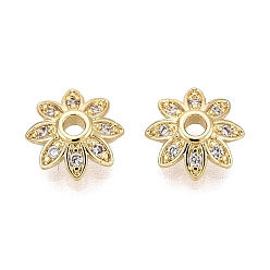 Настоящее золото 18K Колпачки для бусин из прозрачного кубического циркония из латуни, цветок, реальный 18 k позолоченный, 8x2 мм, отверстие : 1.6 мм