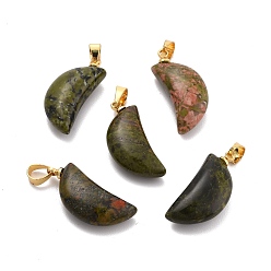 Unakite Natural Unakite Pendants, with Golden Brass Jump Ring, Moon, 23.5x11x6.4mm, Hole: 3.7x5mm