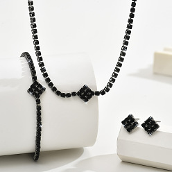 Черный Комплекты браслетов, серег и ожерелий из латуни со стразами, квадратный, чёрные, 310 мм