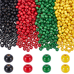 Couleur Mélangete 1000pcs 4 perles en bois naturel teintées de couleurs, ronde, sans plomb, couleur mixte, 8x7mm, Trou: 3mm, 250 pcs / couleur