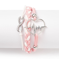 Pink Alloy Heart Beat & 304 Stainless Steel Infinity Links Multi-strand Bracelet, Faux Suede Braided Tripel Layer Bracelet for Women, Pink, 7-1/4 inch(18.3cm)