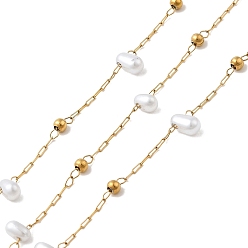 Белый Ручная работа 304 цепочки из нержавеющей стали с бусинами, пайки, с 316 кабельными цепочками из нержавеющей стали, абс пластик жемчужина и катушка, ионное покрытие (ip), рис, белые, бусины : 4.5~5.5x3 мм