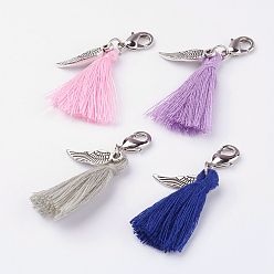 Mixed Color Cotton Thread Tassel Pendant Decorations, with Tibetan Style Pendants and Brass Lobster Claw Clasps, Mixed Color, 43mm