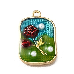 Красный Подвески из эмали и сплава, с ABS имитации жемчуга, Прямоугольник с цветком, стойки покрытие, долговечный, без свинца, без кадмии и без никеля, золотые, красные, 25x17x4 мм, отверстие : 2 мм