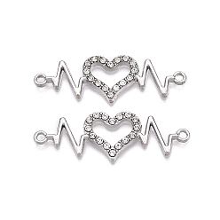 Platinum Alloy Rhinestone Links connectors, Heart, Platinum, 41x13.5x2.5mm, Hole: 2mm