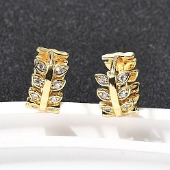 Настоящее золото 18K Серьги-кольца в форме листа с микропаве из прозрачных кубических цирконий из латуни, стойки покрытие, долговечный, без кадмия и без свинца, реальный 18 k позолоченный, 14x7.5 мм