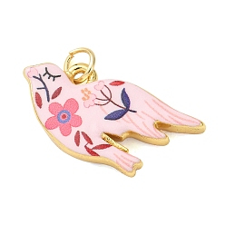 Pink Printed Brass Pendants, Bird with Floral Pattern Charms, Golden, Pink, 12x24.5x4mm, Hole: 3.5mm