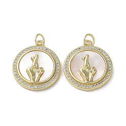 Real 18K Gold Plated Gesture Theme Brass Micro Pave Cubic Zirconia Pendants, with Shell, Flat Round, Cadmium Free & Lead Free, Real 18K Gold Plated, 21.5x19x4mm, Hole: 3mm