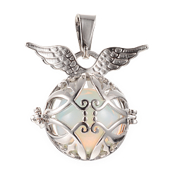 Platinum Alloy Cage Pendants, with Opalite, Round with Wing, Platinum, 28x30x21mm, Hole: 7x3mm
