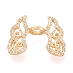 Настоящее золото 18K Колпачки для бусин из прозрачного кубического циркония из латуни, долговечный, распорные борта крыла, реальный 18 k позолоченный, 16.6x21x5.6 мм, отверстие : 3.6 мм