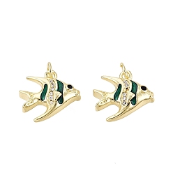 Морско-зеленый Латунные микропаве прозрачные подвески с фианитом, рыбы прелести, с эмалью, золотые, цвета морской волны, 13~14x15x6 мм, отверстие : 3 мм, Перейти кольцо: 5x0.8 мм, внутренний диаметр: 3 мм