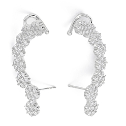 Платина Серьги-гвоздики из латуни с кубическим цирконием, долговечные серьги-каффы с покрытием для женщин, без свинца и без кадмия, платина, 41x15x2.5 мм, штифты : 0.8 мм