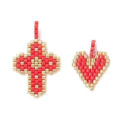 Красный 2шт 2 стили стеклянные подвески из бисера, сердце и крест, красные, 20~28.5x14~17.5x3.5 мм, отверстие : 2.5 мм