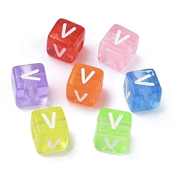 Letter V Прозрачные акриловые бусины, окрашенные спреем, куб с письмом, разноцветные, Буква V, 9.5x9.5x10 мм, отверстие : 3.8 мм, Около 570 шт / 500 г