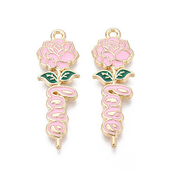 Pink Подвески из эмали и сплава, Подвески в виде цветов и слов, символизирующие любовь., золотые, без кадмия, без никеля и без свинца, розовые, 35x11x2.5 мм, отверстие : 1.8 мм