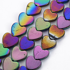 Rainbow Color Electroplate Natural Freshwater Shell Beads Strands, Heart, Rainbow Color, 12x12x2.5~3mm, Hole: 0.9mm, about 37~38pcs/strand, 15.16 inch~15.35 inch(38.5cm~39cm)