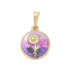 Orchidee Messing Emaille-Anhänger, flache runde & Blumenanhänger, Gestell, langlebig überzogen, cadmiumfrei und bleifrei, echt 18 k vergoldet, Orchidee, 15.5x13.5x3.5 mm, Bohrung: 2.5x10 mm