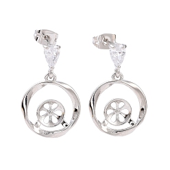 Platinum Brass Micro Pave Clear Cubic Zirconia Stud Earring Findings, with Ear Nuts, for Half Drilled Beads, Ring, Cadmium Free & Lead Free, Platinum, 25mm, Pin: 0.7mm and 0.8mm(for half drilled beads)