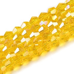 Gold Transparent Electroplate Glass Beads Strands, AB Color Plated, Faceted, Bicone, Gold, 4x4mm, Hole: 0.8mm, about 82~85pcs/strand, 12.01~12.2 inch(30.5~31cm)