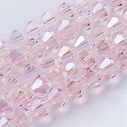 Pink Прозрачные стеклянные бусины гальваническим пряди, с покрытием AB цвета, граненые, двухконусные, розовые, 3.5~3.8 мм, о том, о 107~110 шт / прядь, 32.5~34 см