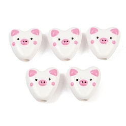 Свинья Фарфоровые бусины ручной работы, сердце, яркие глазированный фарфор, свинья, 14~15x14~15x7~8 мм, отверстие : 3 мм