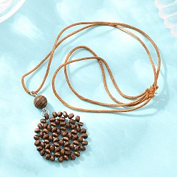 Flower Boho Woven Wood Beads Pendant Long Necklaces, Adjustable Wax Cord Necklaces, Coconut Brown, Flower, 14.17~27.95 inch(36~71cm)