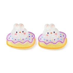 White Translucent Cute Bunny Cabochons, Glitter Rabbit with Cake, White, 24x27x6mm