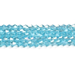 Light Sky Blue Transparent Electroplate Glass Beads Strands, AB Color Plated, Faceted, Bicone, Light Sky Blue, 4x4mm, Hole: 0.8mm, about 82~85pcs/strand, 12.01~12.2 inch(30.5~31cm)