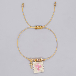 Белый Браслеты в богемном стиле из стеклянных бусин и подвесок из нержавеющей стали, плетеные браслеты из латунных бусин для женщин, прямоугольник с крестом, белые, 304 дюйм (7.87 см)