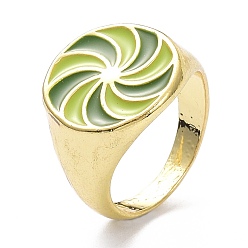 Olive Drab Pinwheel Pattern Alloy Enamel Finger Rings, Light Gold, Olive Drab, 3.5~16.5mm, US Size 7 1/4(17.5mm)