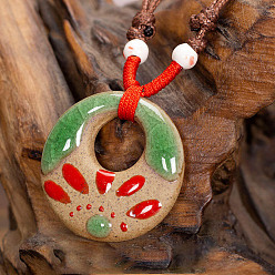 Плоский Круглый Ретро этнический фарфоровый кулон регулируемые ожерелья из полиэстерового шнура для женщин, красные и светло-зеленые, плоско-круглые, 23.62 дюйм (60 см)