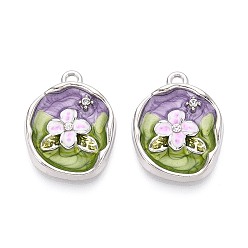 Платина Подвески из сплава с покрытием из стразов и эмали, овальный и цветок, платина, 23.5x18x3.5 мм, отверстие : 1.8 мм