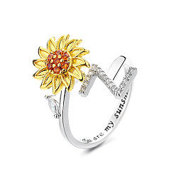 Letter Z Регулируемые вращающиеся манжеты из латуни со стразами, письмо и подсолнух, Словом ты мое солнышко, Кольцо-спиннер для успокоения беспокойства, медитации, платина и светлое золото, Письмо Z, внутренний диаметр: 15~20 мм