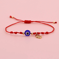 Red Handmade Adjustable Blue Evil Eye Glass Braided Bead Bracelets with Stainless Steel Religion Hamsa Hand for Women, Golden, Red, 11.02 inch(28cm)