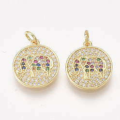Colorful Brass Micro Pave Cubic Zirconia Pendants, Cadmium Free & Lead Free, Flat Round with Elephant, Golden, Colorful, 17x15x1.5mm, Hole: 3mm, Ring: 5x1mm