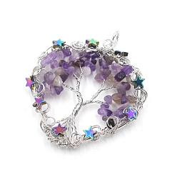 Аметист Большие подвески в форме сердца из медной проволоки с кусочками натурального аметиста, древо жизни прелести, платина, 56x50 мм